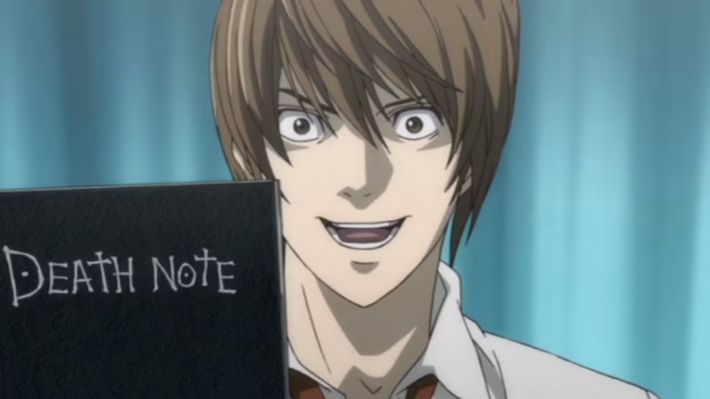 light yagami looking unhinged in the death note anime
